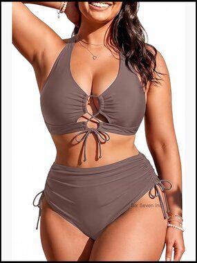 Plus Size Two Piece Bikini Set Tummy Control Lace Up Swimwear Adjustable Straps